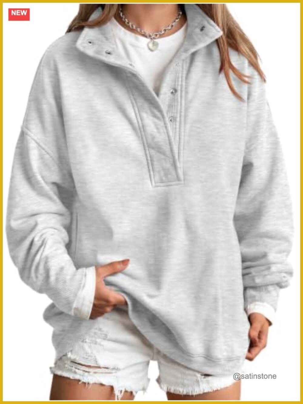 Women's Oversized Snap Henley Sweatshirt Cotton Blend Cozy Pullover